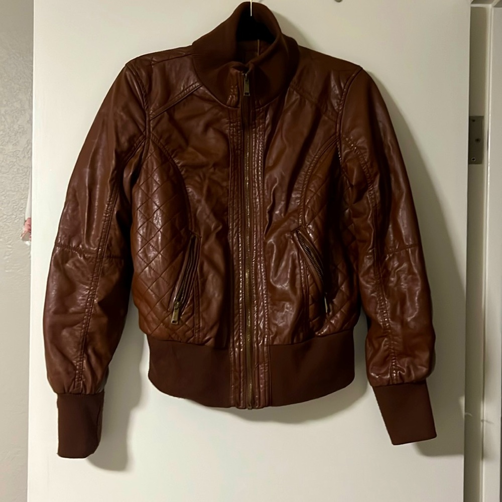 Vegan leather cognac bomber jacket